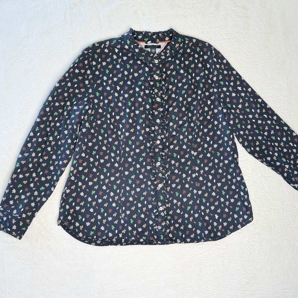 Tommy Hilfiger Womens XL Navy Leaf Print Ruffle Button Front Blouse Cottagecore
